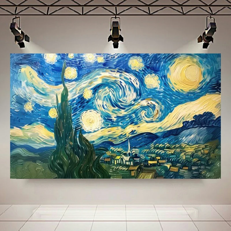 تابلو بوم طرح مخمل نقاشی شب پرستاره ونگوگ مدل رنگ و روغن کد AR302852