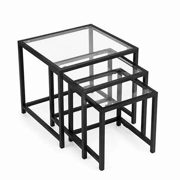 میز عسلی مربعی با پایه آهنی و صفحه شیشه‌ای مدل A3 مجموعه سه عددی