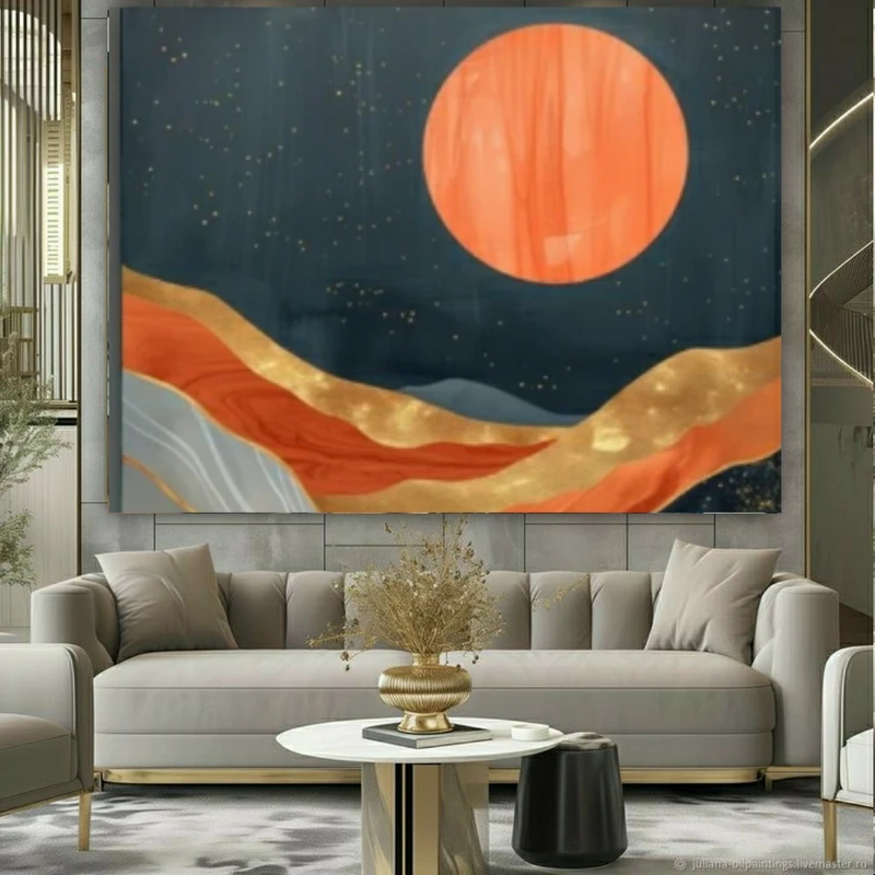 تابلو بوم طرح مخمل نقاشی انتزاعی کوه و خورشید کد FP105595