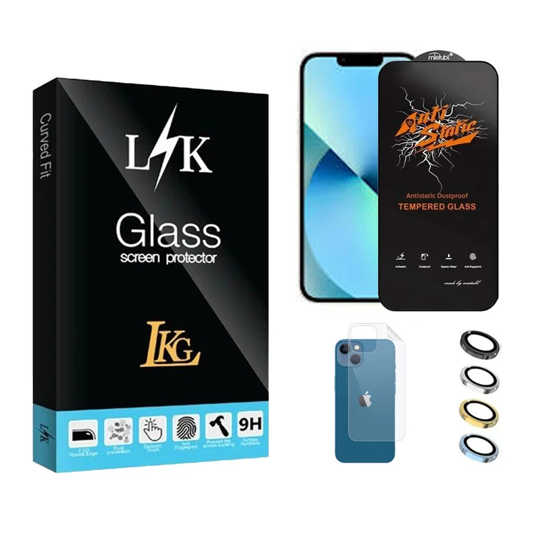 محافظ صفحه نمایش ال کا جی مدل انتی استاتیک مناسب برای گوشی موبایل اپل iPhone 13 به همراه محافظ پشت گوشی و محافظ لنز