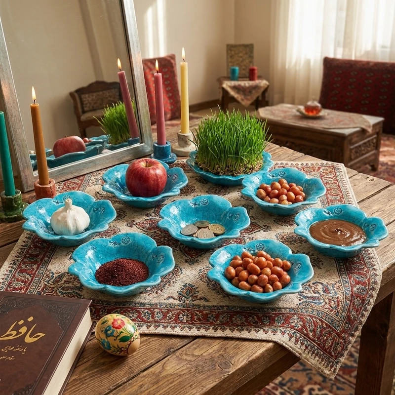 عکس شماره 2 : مجموعه ظروف هفت سین 7 پارچه مدل فیروزه ای