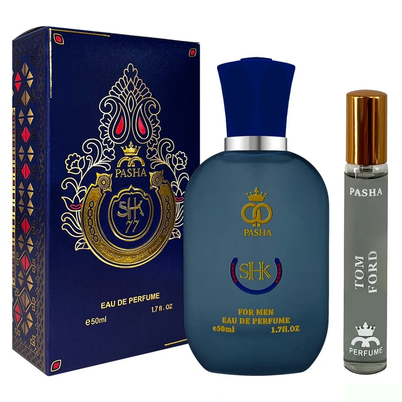 ادو پرفیوم مردانه پاشا مدل شیخ با رایحه گرم حجم 50 میلی لیتر به همراه عطر جیبی پاشا مدل تام فورد بلک ارکید با رایحه گرم حجم 24 میلی لیتر