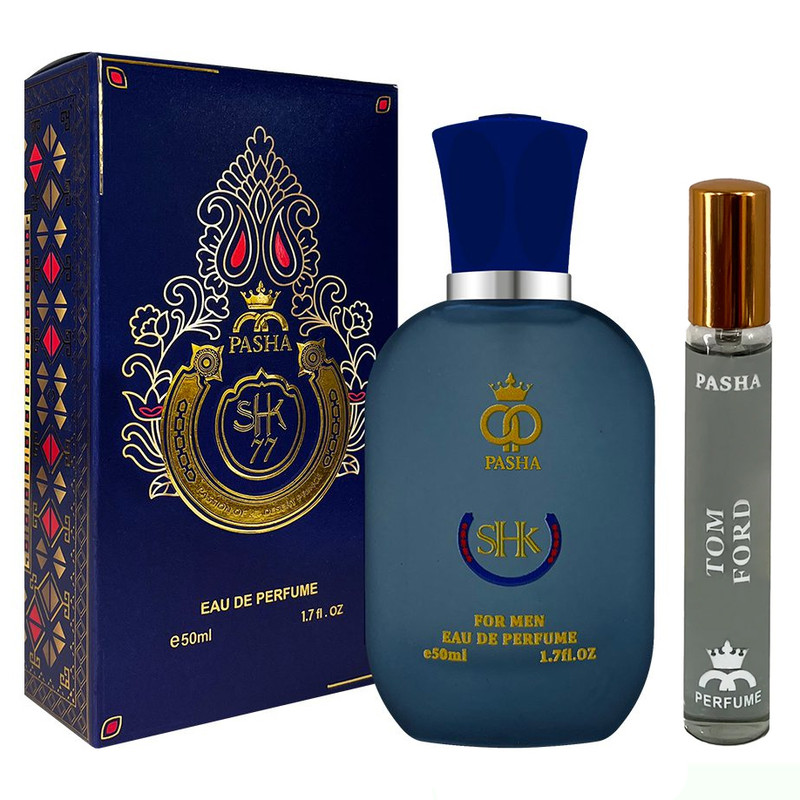 ادو پرفیوم مردانه پاشا مدل شیخ با رایحه گرم حجم 50 میلی لیتر به همراه عطر جیبی پاشا مدل تام فورد بلک ارکید با رایحه گرم حجم 24 میلی لیتر