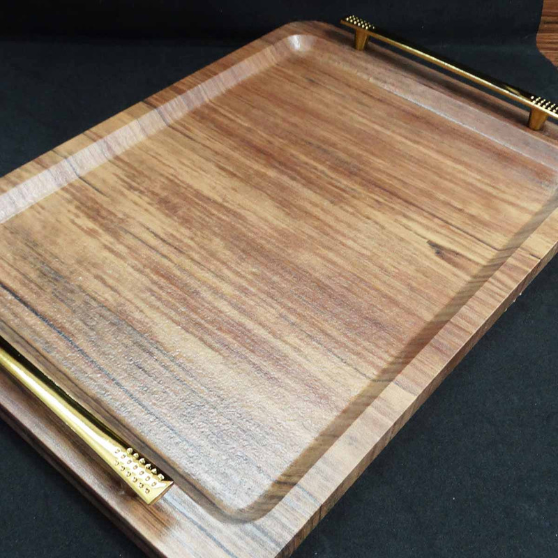 سینی مدل چوبی دسته طلایی کد 002