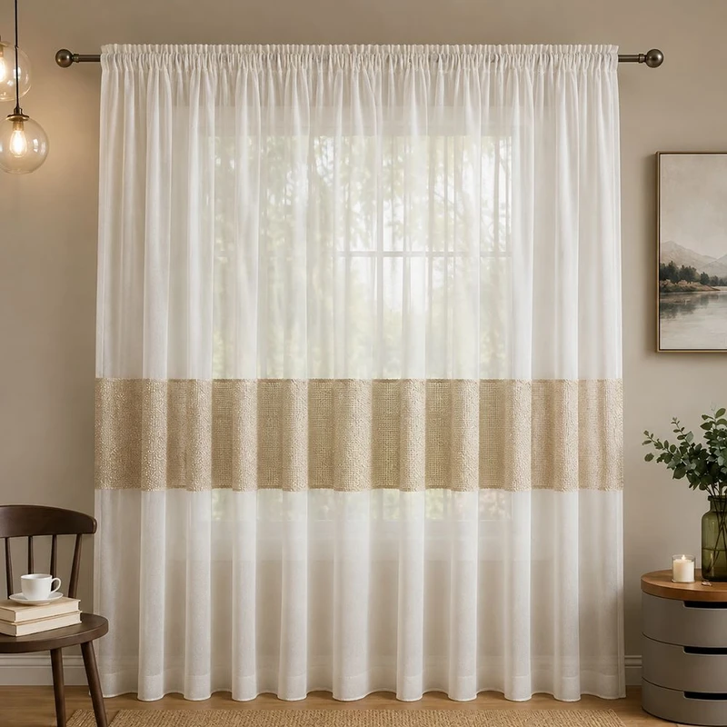 پرده تیکو دکو مدل دوخت ساده تور کتان طرح حاشیه گیپور سایز 280 × 300 سانتی‌متر