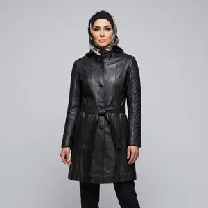 کت چرم بلند زنانه چرم طبیعی نیکلاس مدل 9712
