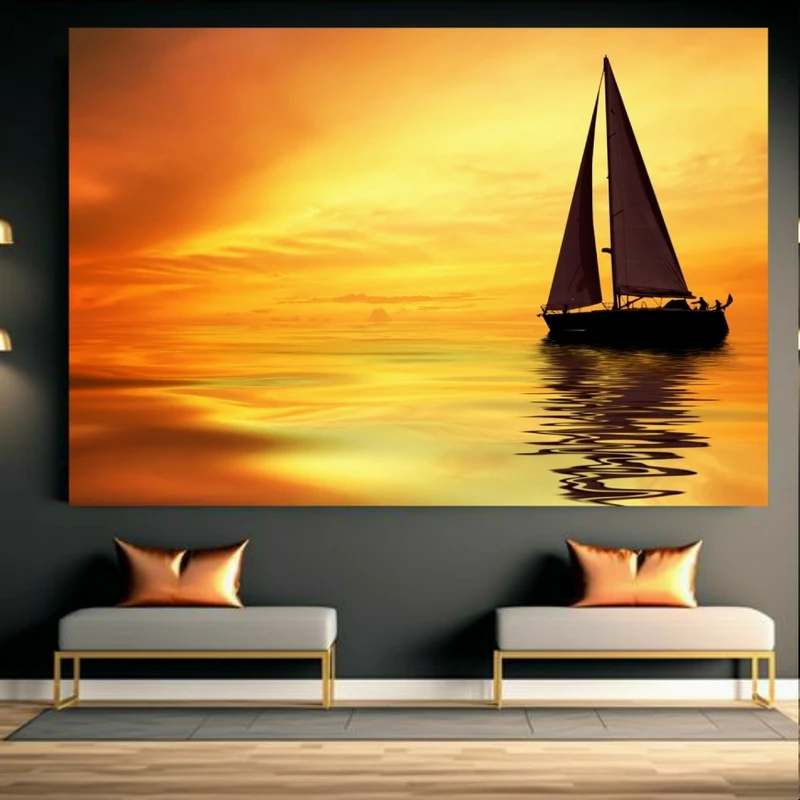 تابلو بوم طرح مخمل قایق مدل غروب خورشید کد GR1895