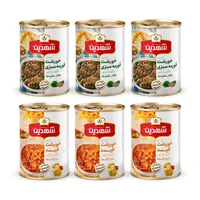 کنسرو خورشت قیمه و سیب زمینی با سویا و کنسرو خورشت قورمه سبزی با سویا شهدین - 370 گرم بسته 6 عددی