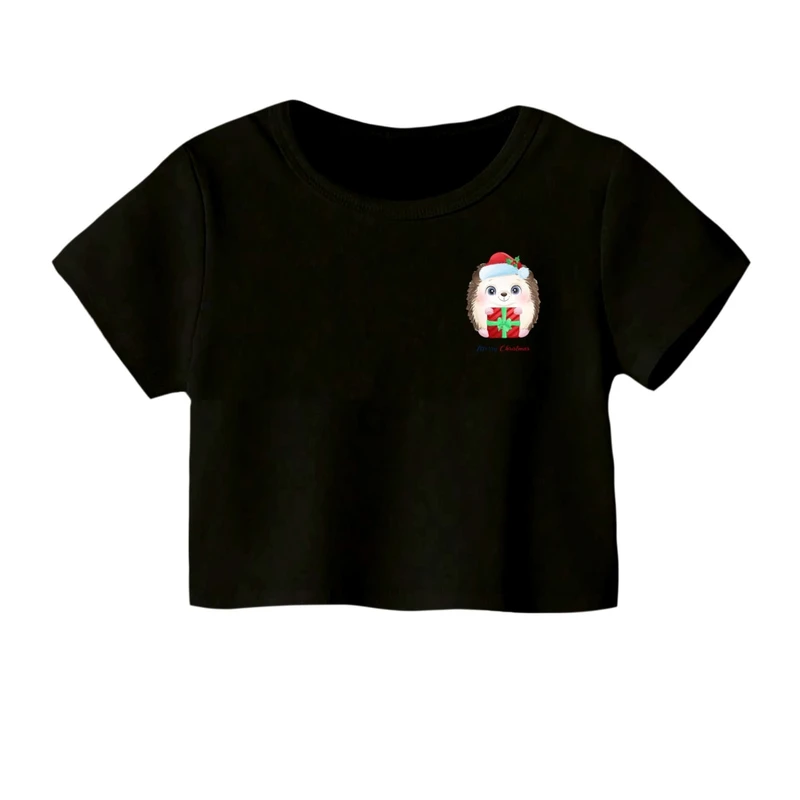 کراپ‌ تی‌شرت آستین کوتاه زنانه مدل جوجه تیغی کریسمس کد 2