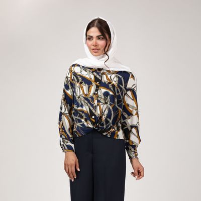 شومیز کراپ زنانه آستین بلند یقه برگردان کرپ الیزه برنس مدل 30120، تنخور معمولی، طرح انتزاعی و جلو گرهای مناسب مجلسی و مهمانی