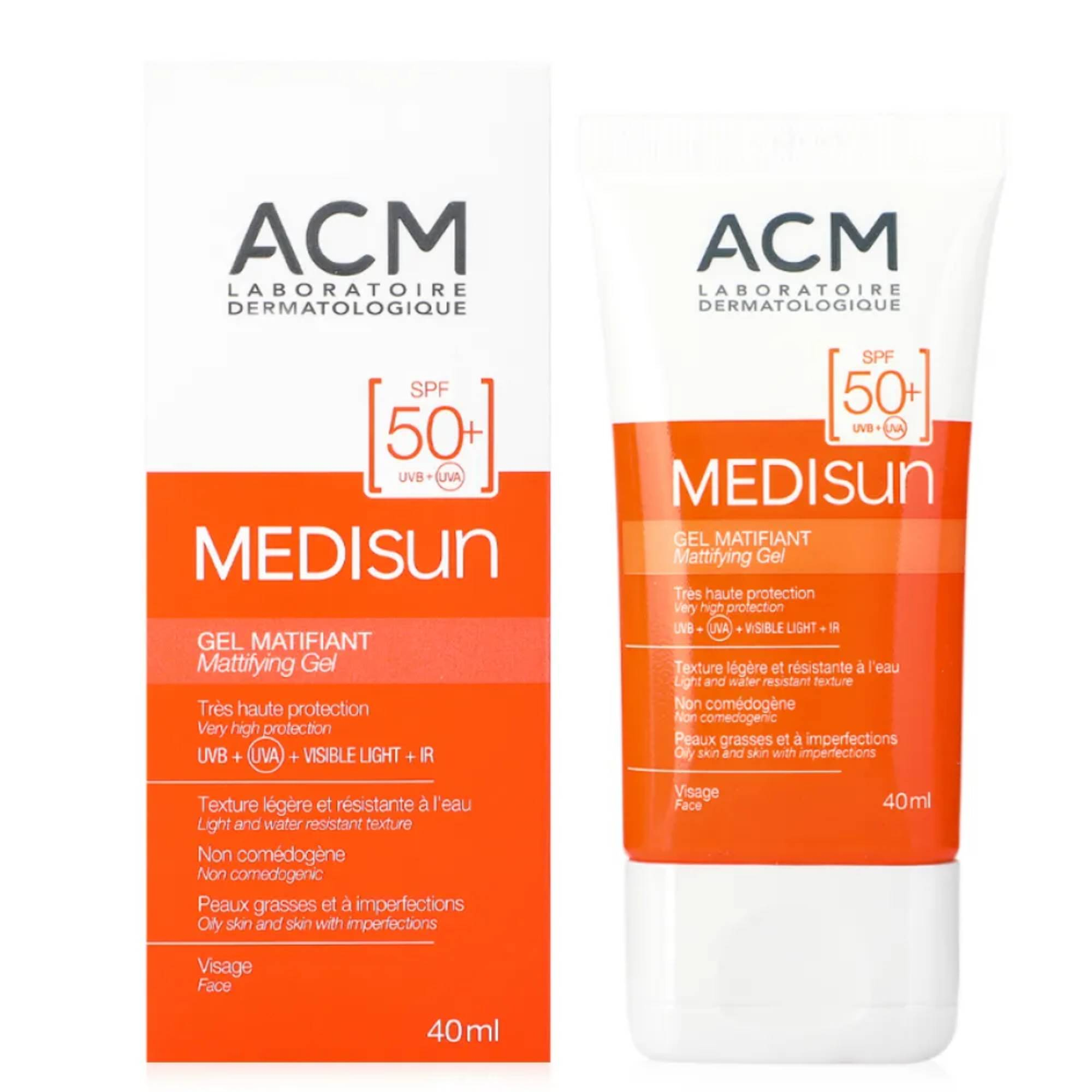 ژل ضد آفتاب بیرنگ صورت ای سی ام SPF50 مدل Medisun محافظ UVA، UVB PA+ مناسب برای پوست چرب حجم 40 میلیلیتر
