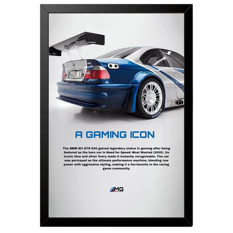 تابلو بکلیت طرح ماشین و خودرو بی ام و BMW M3 GTR NEED FOR SPEED MOST WANTED مدل B-po1890 فریم مشکی
