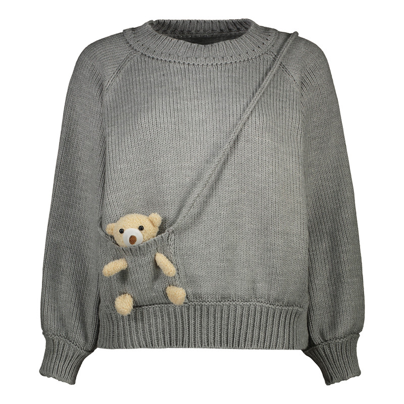 پلیور یقه گرد زنانه گره استایل مدل تدی رنگ طوسی