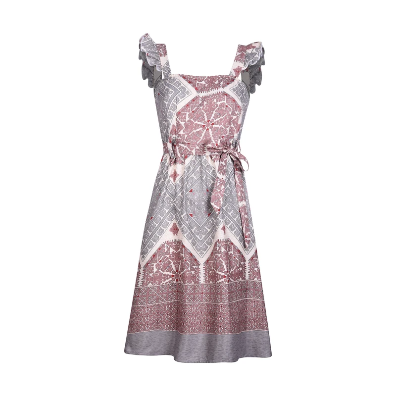 پیراهن ساحلی یقه خشتی زنانه افراتین مدل سرشانه چین‌دار