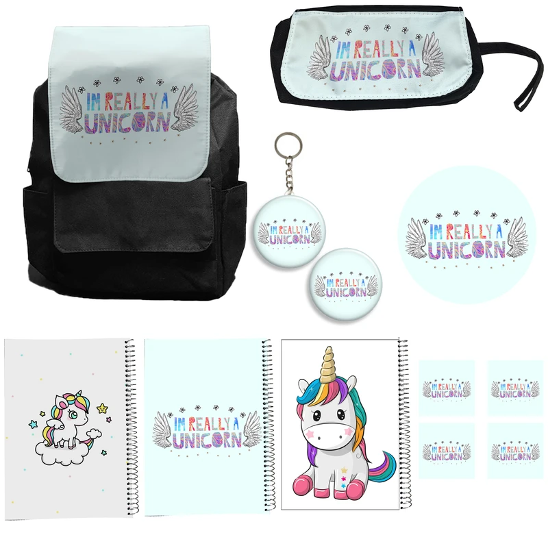 کوله پشتی مدل مدل یونیکورن تک شاخ به همراه دفتر مشق و جامدادی و زیر لیوانی و جاکلیدی کد A14 Unicorn مجموعه 12 عددی