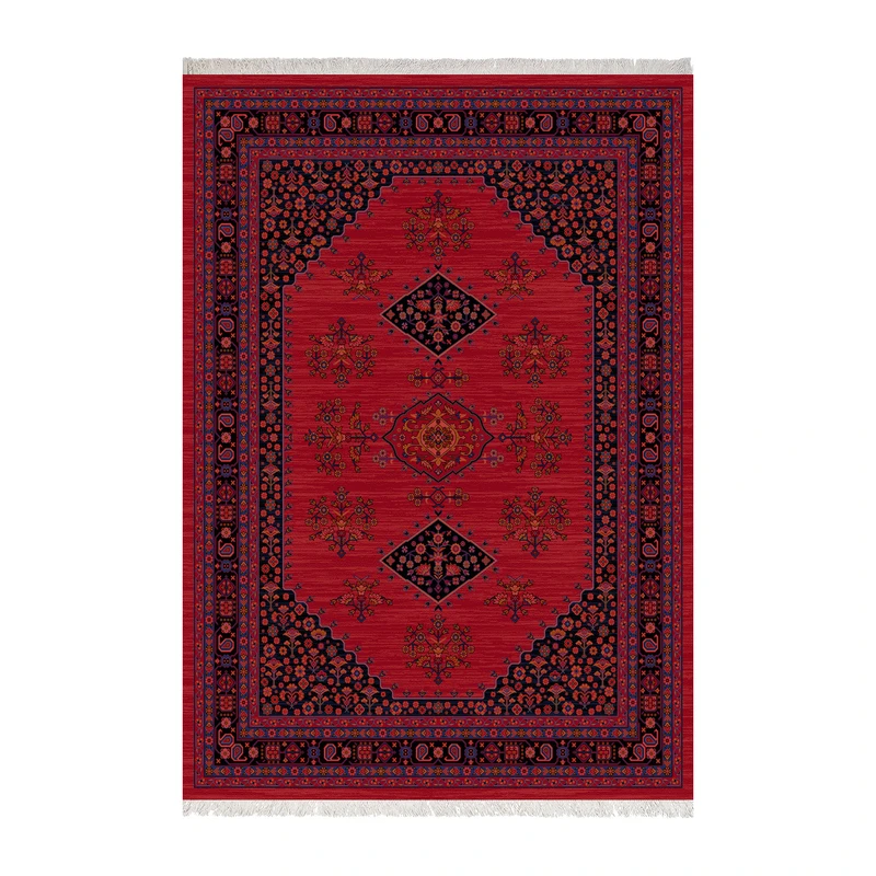 فرش ماشینی 1000 شانه زانیس زمینه قرمز لاکی حاشیه سرمه ای مدل چاپی