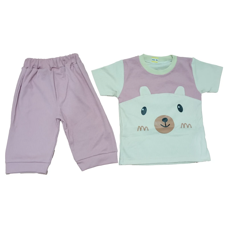 ست تی‌شرت آستین کوتاه و شلوارک راحتی بچگانه مدل خرسی لپ زیکزاکی