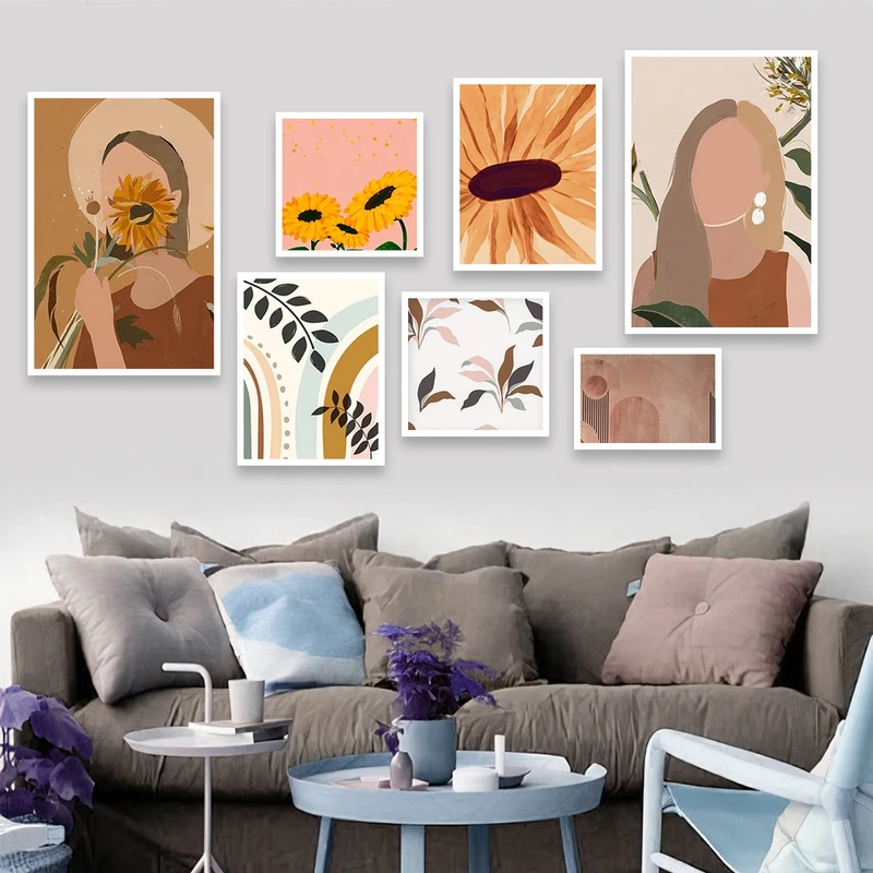 تابلو بکلیت طرح دخترانه نقاشی مینیمال و گل آفتابگردان مدل W-690 مجموعه 7 عددی