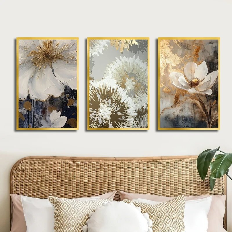 تابلو بکلیت طرح نقاشی رنگ روغن گل مدل T-3353 فریم طلایی مجموعه 3 عددی