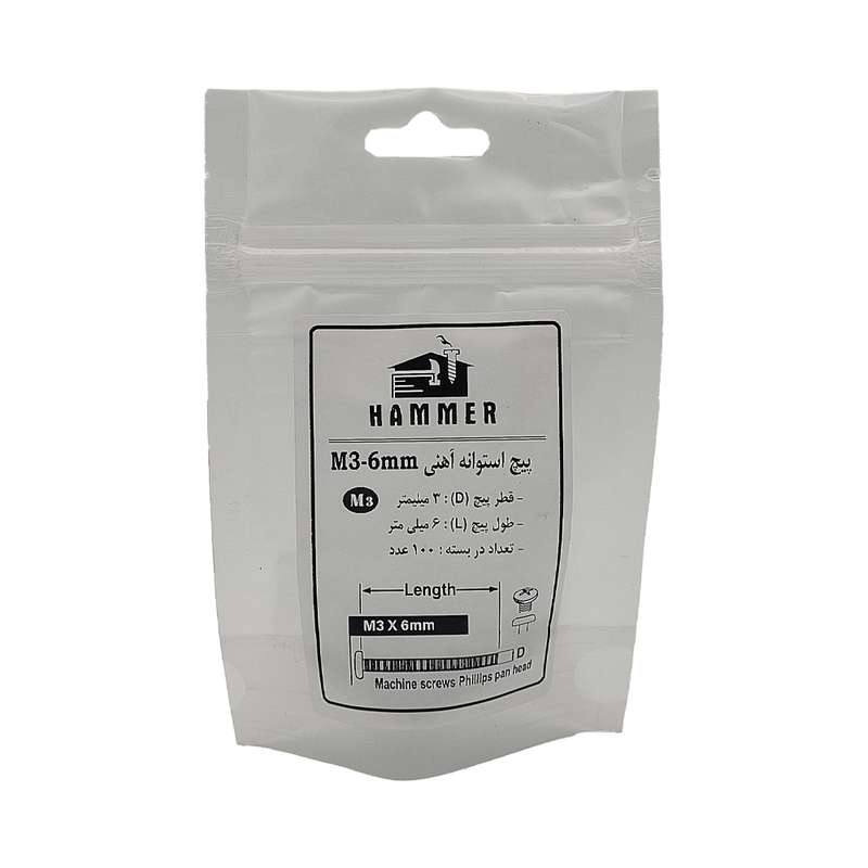 پیچ هامر مدل استوانه کد M3X6mm مجموعه 100 عددی