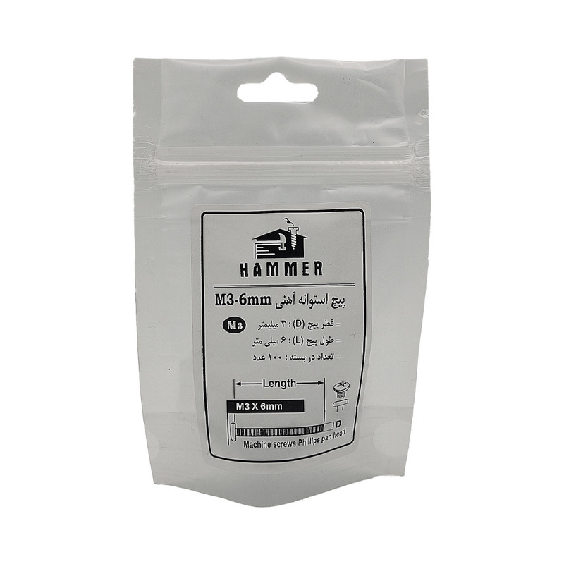 پیچ هامر مدل استوانه کد M3X6mm مجموعه 100 عددی