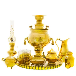 سرویس سماور ذغالی 14 پارچه برنجی مدل توپی کد 4397