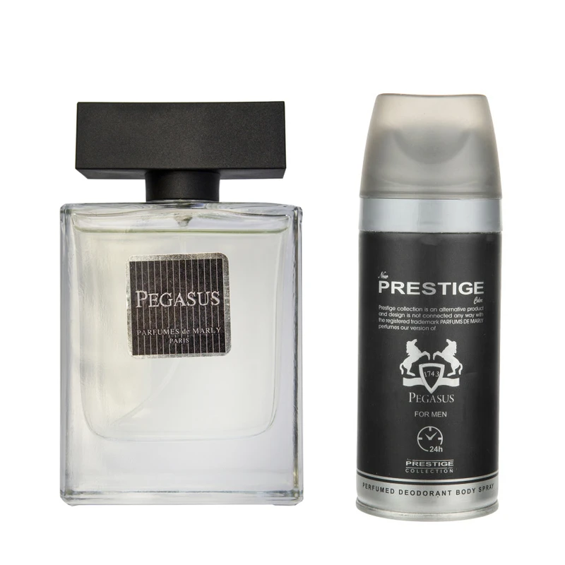 ادو تویلت مردانه نیو پرستیژ کالر مدل  Pegasus حجم 100 میلی لیتر به همراه اسپری خوشبو کننده بدن مردانه پرستیژ مدل Pegasus حجم 150 میلی لیتر