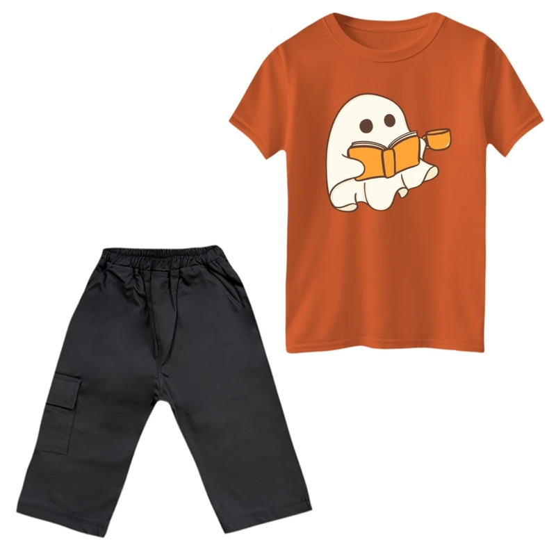 ست تی‌شرت و شلوارک پسرانه مدل روح و کتاب رنگ نارنجی
