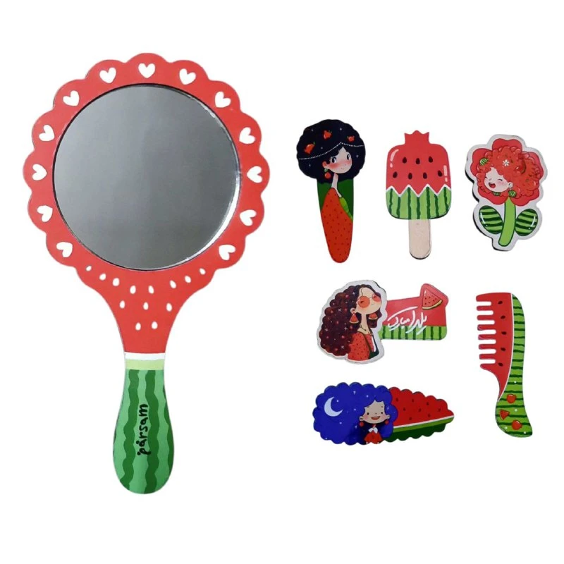 آینه آرایشی دسته‌دار مدل دختر یلدایی هندوانه کد mn432 به همراه گیره انبری بسته 7عددی