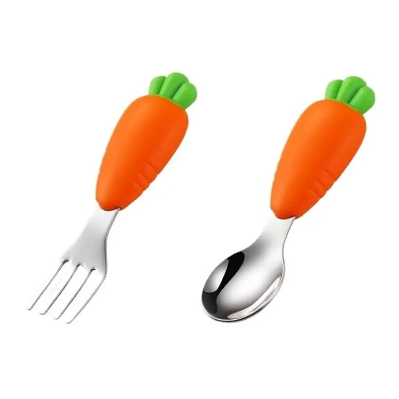 ست قاشق و چنگال کودک مدل هویج سیلیکونی مجموعه 2 عددی 