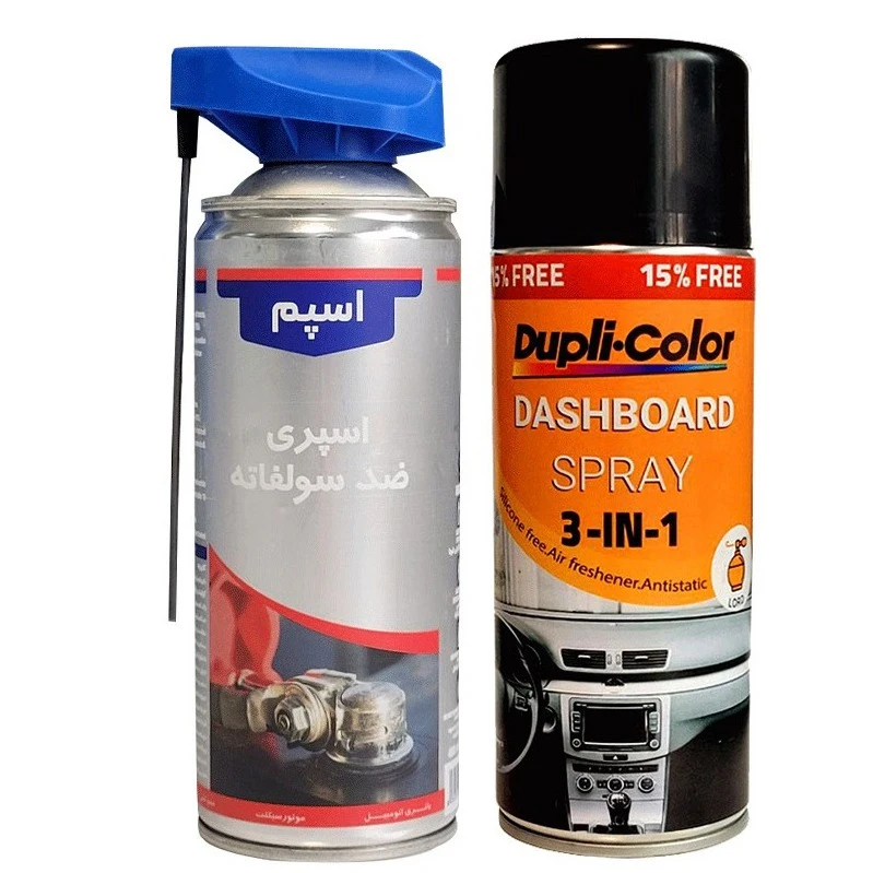 اسپری پولیش و واکس داشبورد و اسپری ضد سولفاته اسپم مدل 2 حجم 400 میلی لیتر مجموعه 2 عددی
