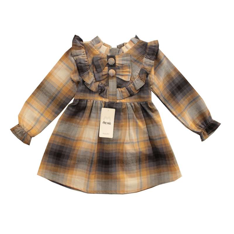 پیراهن دخترانه مدل چیندار چهارخانه پاپیون 1052