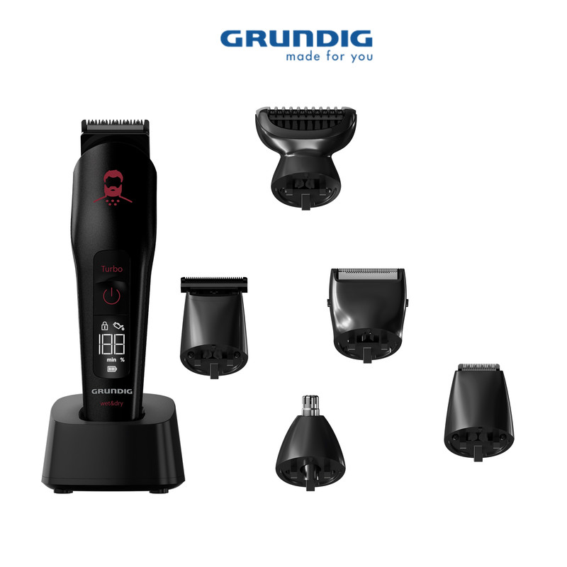 ماشین اصلاح موی صورت و بدن شارژی گروندیگ مدل MGK 9030 PRO Version 2025 با تیغه‌های تیتانیوم و خودتیز شونده، باتری 2000 میلی‌آمپر، سنسور تنظیم خودکار قدرت، قابلیت استفاده خشک و مرطوب، ضدآب و قفل ایمنی