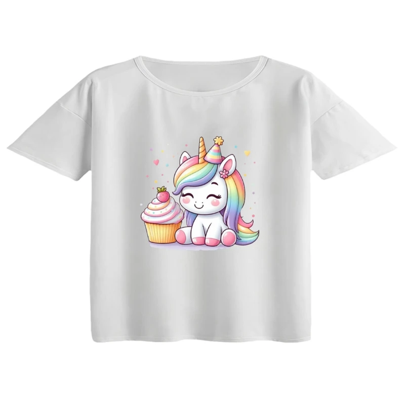 کراپ تی‌شرت آستین کوتاه زنانه مدل تک شاخ و کیک فنجانی