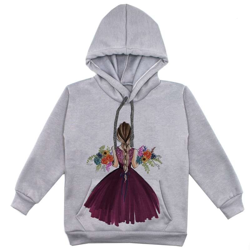 هودی دخترانه مدل دختر و گل F56 رنگ طوسی