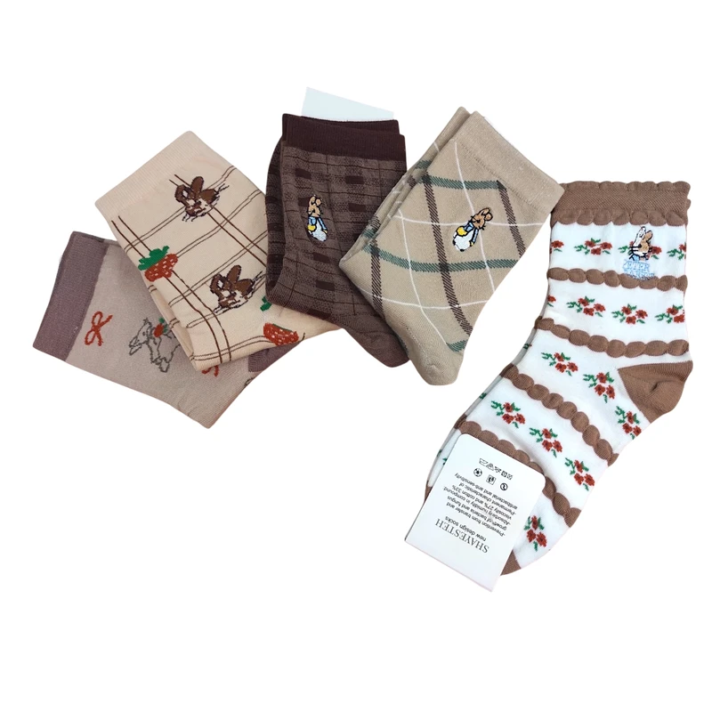 جوراب ساق بلند زنانه مدل گلدوزی خرگوش بسته 5 عددی