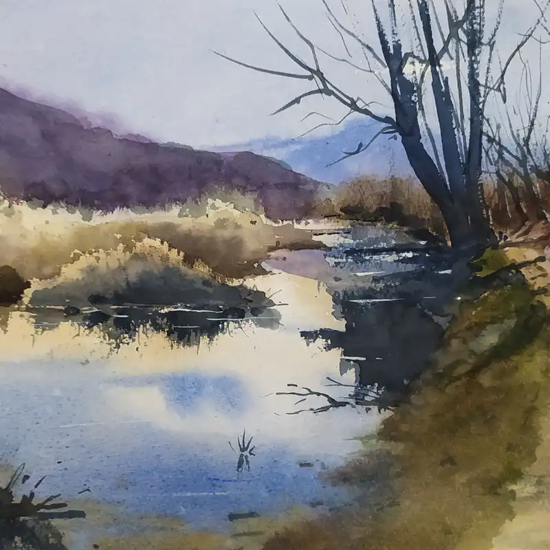 نقاشی آبرنگ طرح تالاب روستای سنگده کد 117