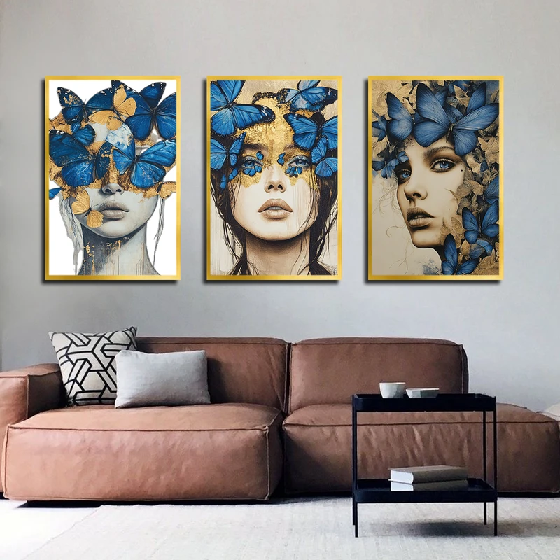تابلو ساده بکلیت طرح نقاشی چهره و پروانه مدل T-3618 فریم طلایی مجموعه 3 عددی