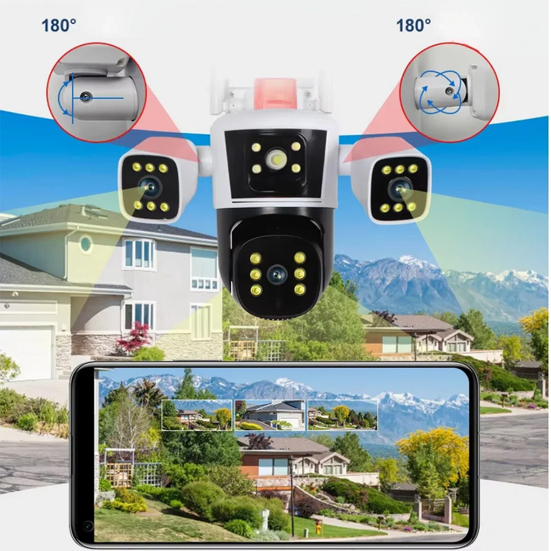 دوربین مداربسته تحت شبکه سیم‌کارتی 3 مگاپیکسلی مدل QQ849-WP-4-4G، دارای 3 لنز، اتصال 4G، چرخش افقی و عمودی، دید در شب، تشخیص حرکت، تعقیب سوژه، مکالمه دوطرفه، پشتیبانی از کارت حافظه Micro SD تا 256 گیگابایت و استاندارد ضدآب IP66
