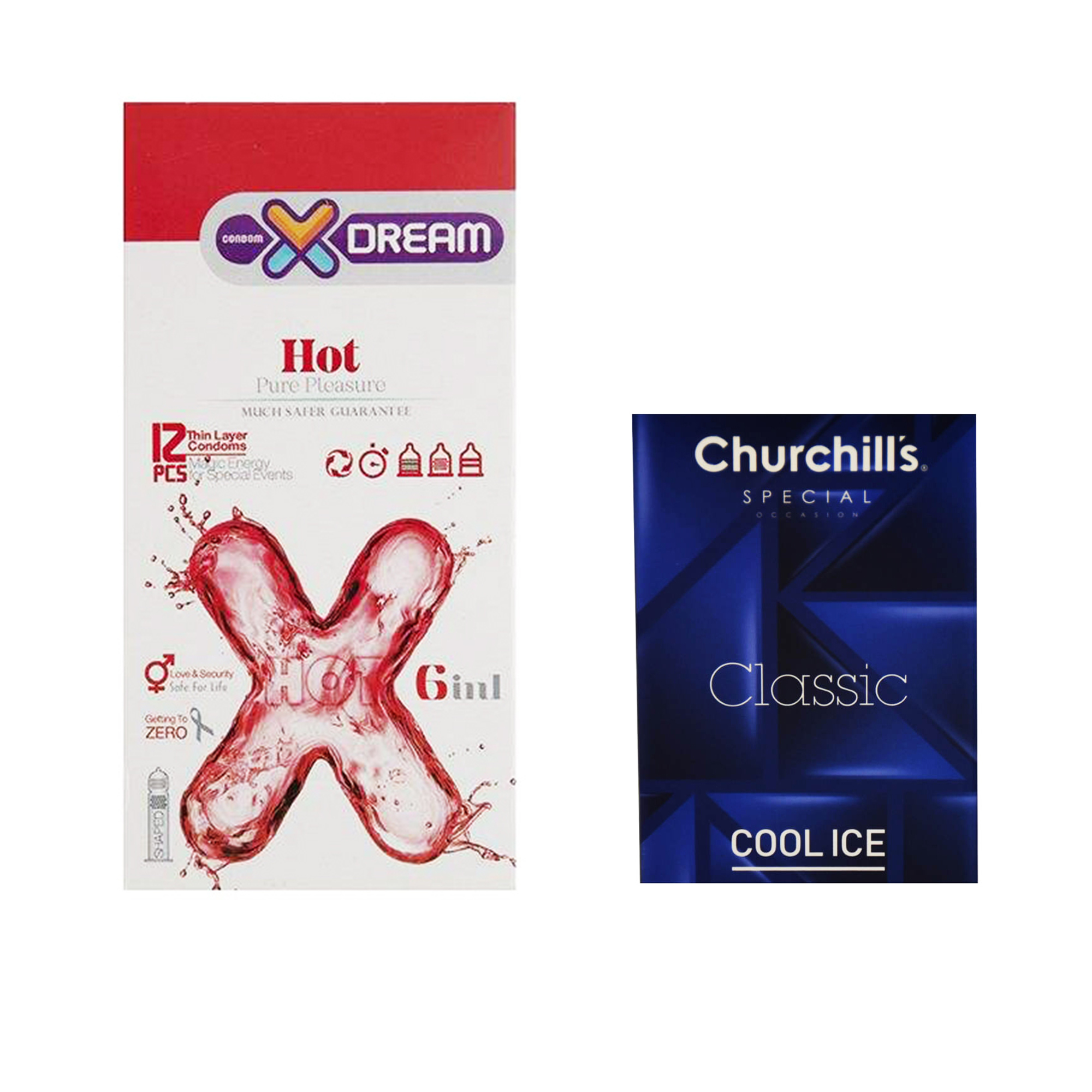کاندوم ایکس دریم مدل Hot بسته 12 عددی به همراه کاندوم چرچیلز مدل Cool Ice بسته 3 عددی