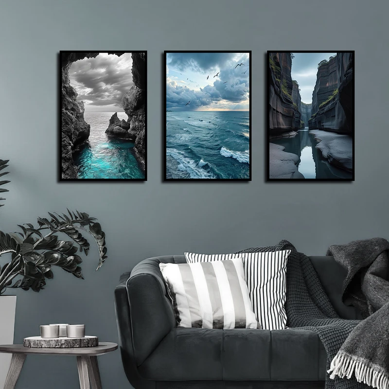 تابلو بکلیت طرح صخره و دریا مدل B-3210 فریم مشکی مجموعه 3 عددی