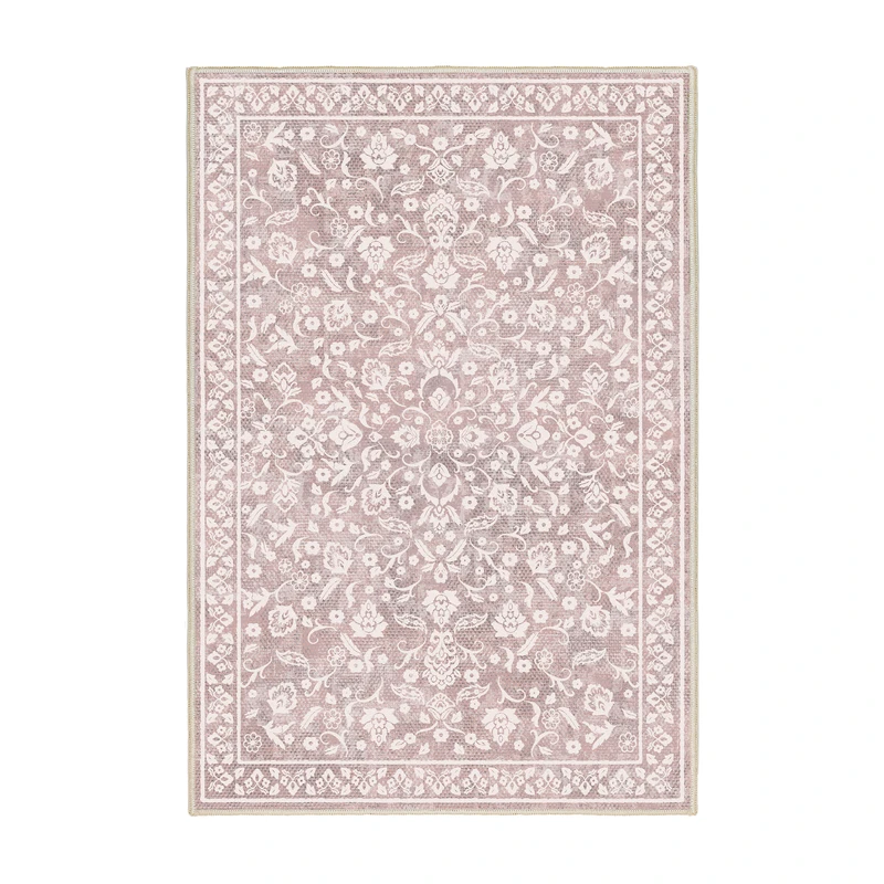 فرش ماشینی 1000 شانه اورکوم زمینه و حاشیه صورتی مدل نانو چاپ بدون پرز کد 1121.04