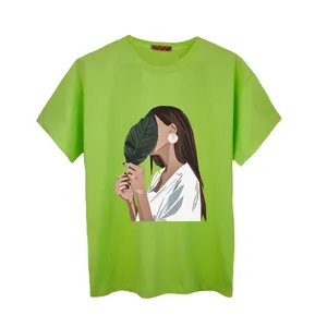 تی شرت آستین کوتاه زنانه مدل دخترک رنگ سبز فسفری