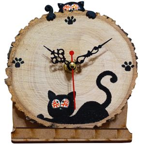 ساعت رومیزی چوبی طرح تنه درخت مدل گربه