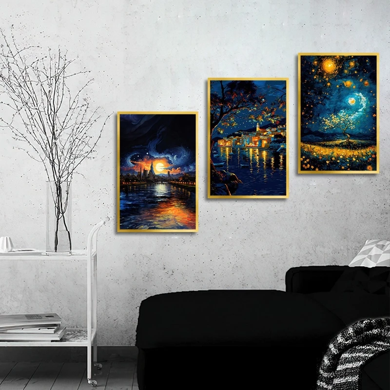 تابلو بکلیت طرح نقاشی رنگ روغن منظره شهر و غروب مدل T-2787 مجموعه 3 عددی