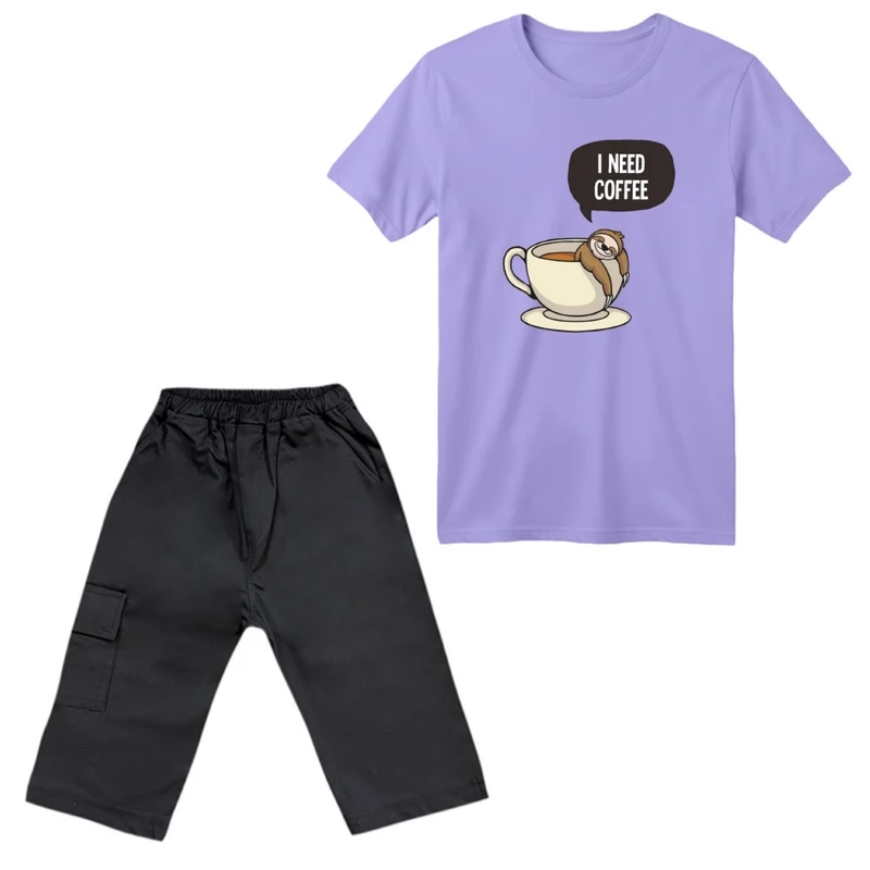 ست تی‌شرت آستین کوتاه و شلوارک دخترانه مدل تنبل و فنجون