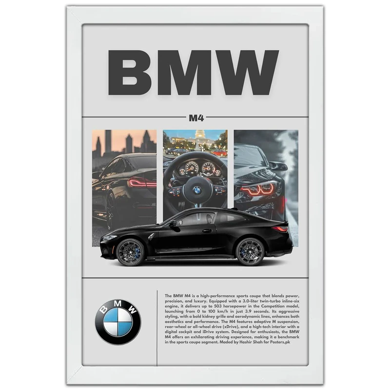 تابلو بکلیت طرح ماشین و خودرو بی ام و BMW M4 مدل W-po1882 فریم سفید