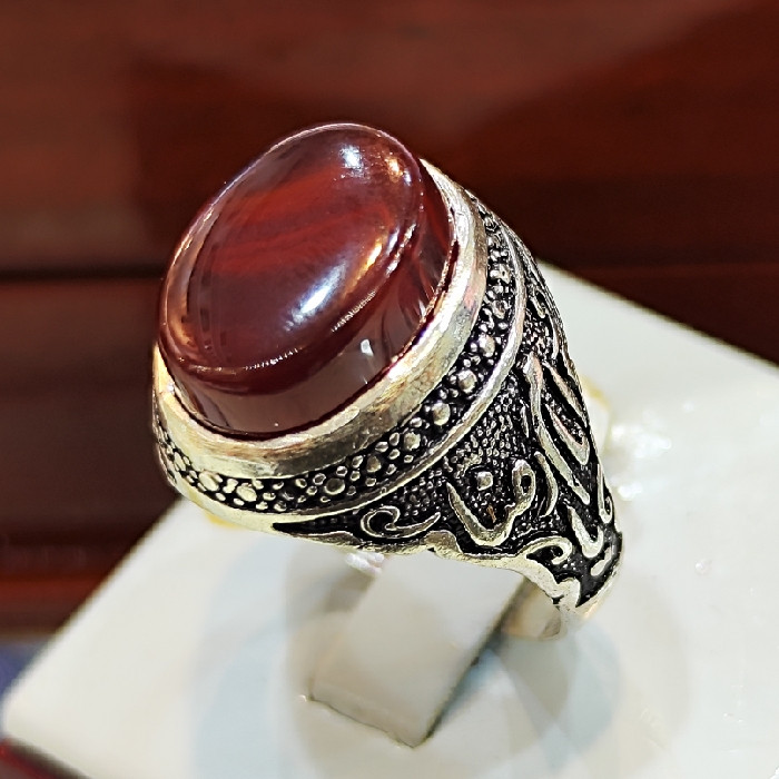 انگشتر نقره مردانه مدل سنگ عقیق مدل یا امام رضا کد 22