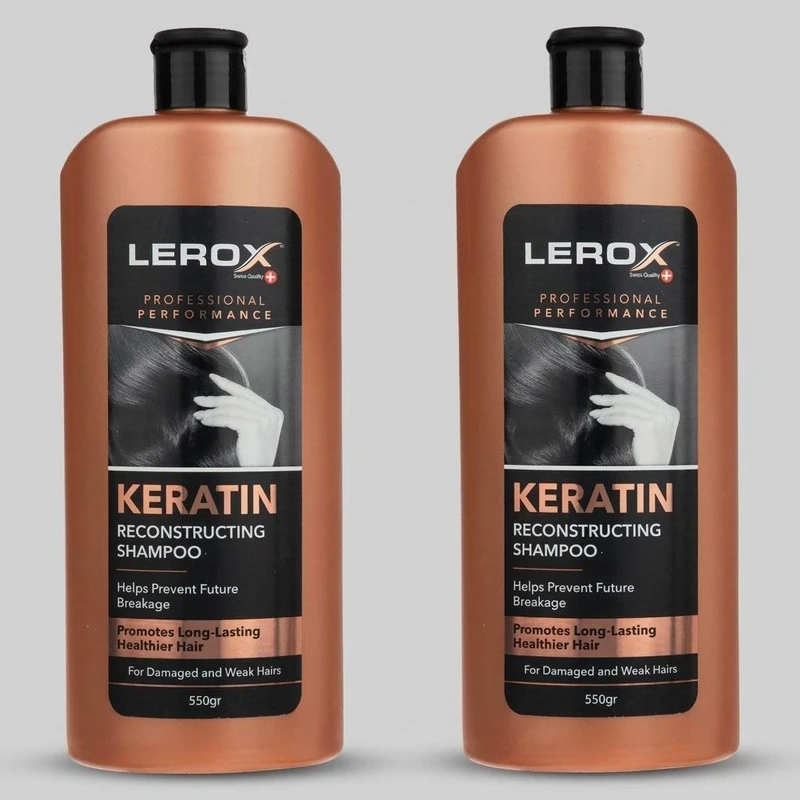 شامپو مو کراتین لروکس مدل کراتین حجم 550 میلی‌لیتر مناسب موهای شکننده و آسیب دیده، ترمیم‌کننده و تقویت‌کننده، حاوی عصاره آلوئه ورا دو بسته 550 میلی‌لیتری