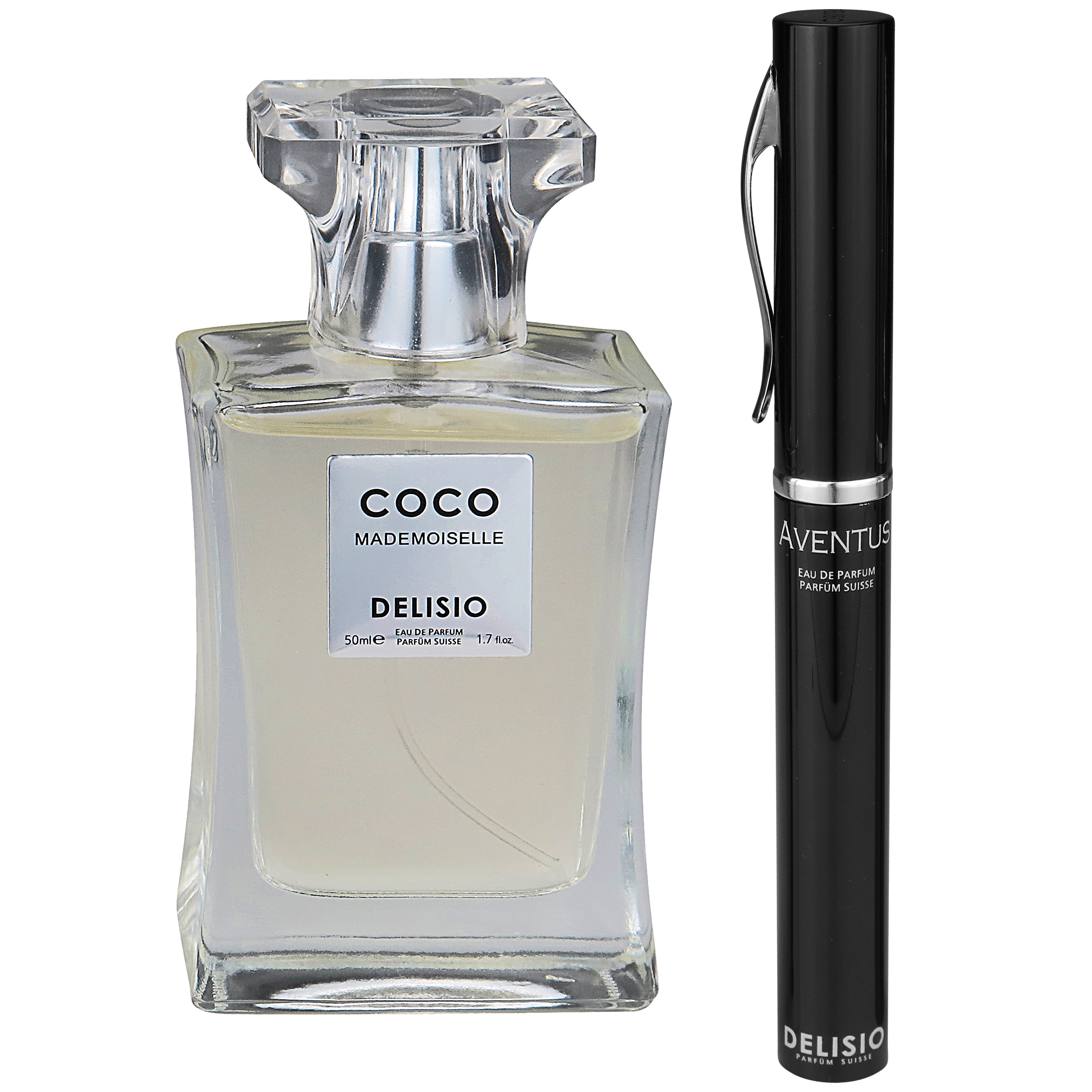 ادو پرفیوم زنانه دلیسیو مدل coco  mademmoiselle حجم 50 میلی لیتر به همراه عطر جیبی aventus حجم 7.5 میلی لیتر